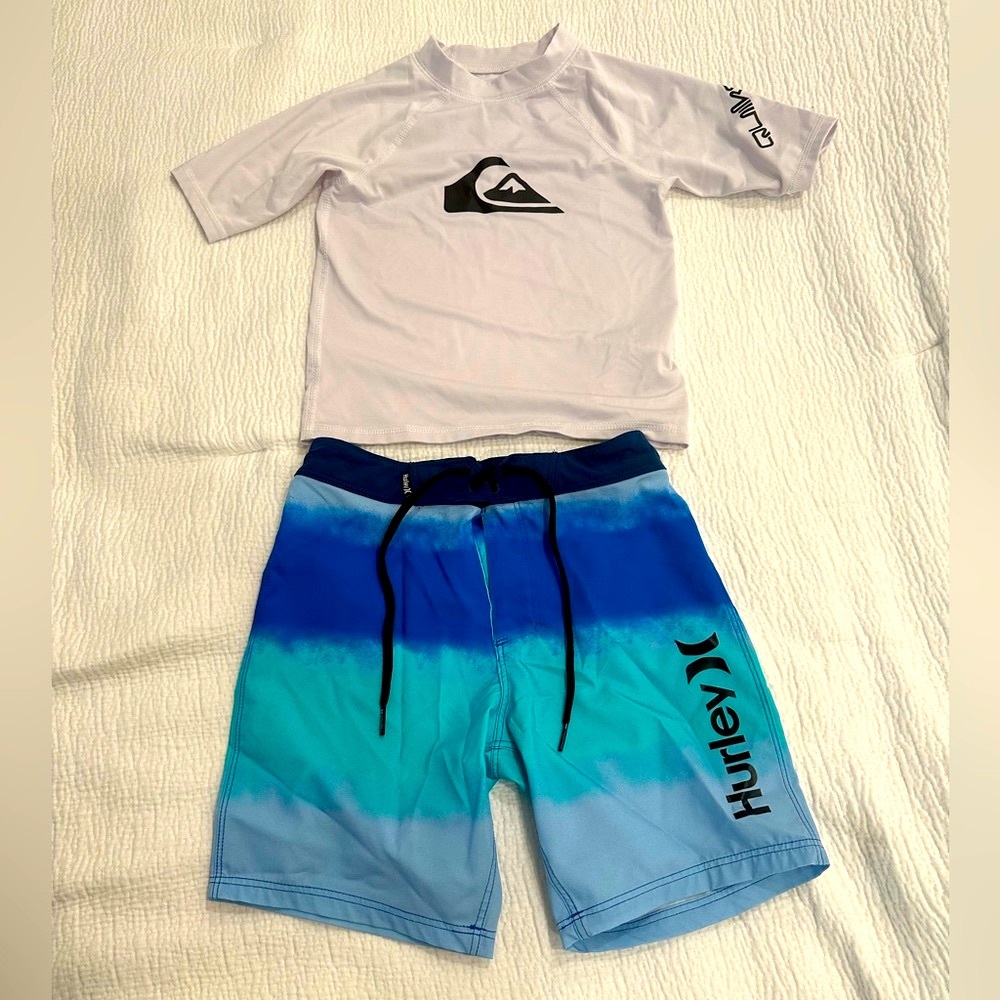Mint Condition Boys Quicksilver Rash guard and Hurley Swim short Size 6